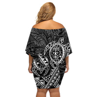 Hawaii Monk Seal and Dolphin Off Shoulder Short Dress Polynesian Kakau Pattern Black White Color LT03 - Polynesian Pride