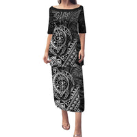 Hawaii Monk Seal and Dolphin Puletasi Polynesian Kakau Pattern Black White Color LT03 Long Dress Black - Polynesian Pride