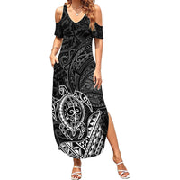 Hawaii Monk Seal and Dolphin Summer Maxi Dress Polynesian Kakau Pattern Black White Color LT03 Women Black - Polynesian Pride