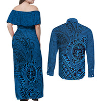 Hawaii Monk Seal and Dolphin Couples Matching Off Shoulder Maxi Dress and Long Sleeve Button Shirt Polynesian Kakau Pattern Blue