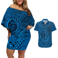 Hawaii Monk Seal and Dolphin Couples Matching Off Shoulder Short Dress and Hawaiian Shirt Polynesian Kakau Pattern Blue LT03 Blue - Polynesian Pride