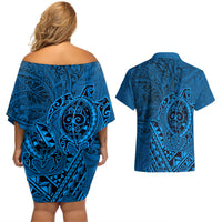 Hawaii Monk Seal and Dolphin Couples Matching Off Shoulder Short Dress and Hawaiian Shirt Polynesian Kakau Pattern Blue LT03 - Polynesian Pride