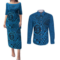 Hawaii Monk Seal and Dolphin Couples Matching Puletasi and Long Sleeve Button Shirt Polynesian Kakau Pattern Blue LT03 Blue - Polynesian Pride