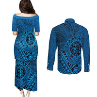 Hawaii Monk Seal and Dolphin Couples Matching Puletasi and Long Sleeve Button Shirt Polynesian Kakau Pattern Blue LT03 - Polynesian Pride