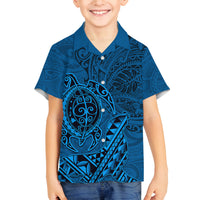 Hawaii Monk Seal and Dolphin Family Matching Long Sleeve Bodycon Dress and Hawaiian Shirt Polynesian Kakau Pattern Blue