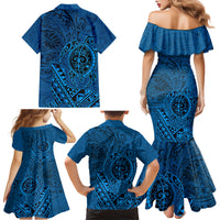 Hawaii Monk Seal and Dolphin Family Matching Mermaid Dress and Hawaiian Shirt Polynesian Kakau Pattern Blue