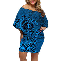 Hawaii Monk Seal and Dolphin Off Shoulder Short Dress Polynesian Kakau Pattern Blue LT03 Women Blue - Polynesian Pride