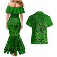 Hawaii Monk Seal and Dolphin Couples Matching Mermaid Dress and Hawaiian Shirt Polynesian Kakau Pattern Green