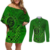 Hawaii Monk Seal and Dolphin Couples Matching Off Shoulder Short Dress and Long Sleeve Button Shirt Polynesian Kakau Pattern Green LT03 Green - Polynesian Pride