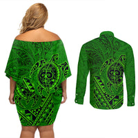 Hawaii Monk Seal and Dolphin Couples Matching Off Shoulder Short Dress and Long Sleeve Button Shirt Polynesian Kakau Pattern Green LT03 - Polynesian Pride