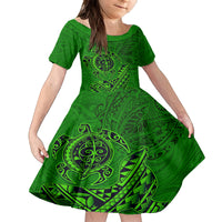 Hawaii Monk Seal and Dolphin Family Matching Off Shoulder Short Dress and Hawaiian Shirt Polynesian Kakau Pattern Green