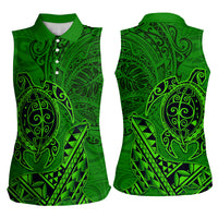 Hawaii Monk Seal and Dolphin Women Sleeveless Polo Shirt Polynesian Kakau Pattern Green