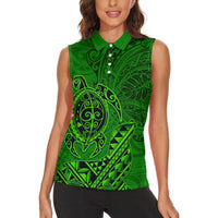 Hawaii Monk Seal and Dolphin Women Sleeveless Polo Shirt Polynesian Kakau Pattern Green