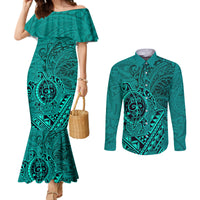 Hawaii Monk Seal and Dolphin Couples Matching Mermaid Dress and Long Sleeve Button Shirt Polynesian Kakau Pattern Turquoise LT03 Turquoise - Polynesian Pride