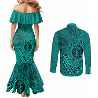 Hawaii Monk Seal and Dolphin Couples Matching Mermaid Dress and Long Sleeve Button Shirt Polynesian Kakau Pattern Turquoise LT03 - Polynesian Pride