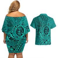 Hawaii Monk Seal and Dolphin Couples Matching Off Shoulder Short Dress and Hawaiian Shirt Polynesian Kakau Pattern Turquoise