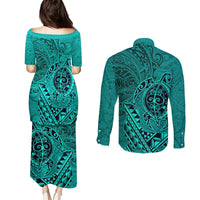 Hawaii Monk Seal and Dolphin Couples Matching Puletasi and Long Sleeve Button Shirt Polynesian Kakau Pattern Turquoise LT03 - Polynesian Pride