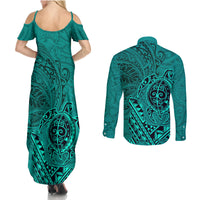 Hawaii Monk Seal and Dolphin Couples Matching Summer Maxi Dress and Long Sleeve Button Shirt Polynesian Kakau Pattern Turquoise LT03 - Polynesian Pride