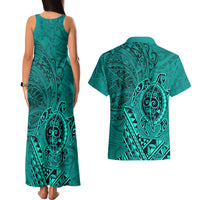 Hawaii Monk Seal and Dolphin Couples Matching Tank Maxi Dress and Hawaiian Shirt Polynesian Kakau Pattern Turquoise