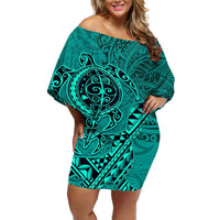 Hawaii Monk Seal and Dolphin Off Shoulder Short Dress Polynesian Kakau Pattern Turquoise LT03 Women Turquoise - Polynesian Pride