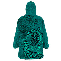 Hawaii Monk Seal and Dolphin Wearable Blanket Hoodie Polynesian Kakau Pattern Turquoise