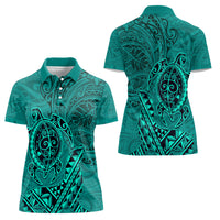 Hawaii Monk Seal and Dolphin Women Polo Shirt Polynesian Kakau Pattern Turquoise