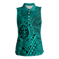 Hawaii Monk Seal and Dolphin Women Sleeveless Polo Shirt Polynesian Kakau Pattern Turquoise
