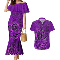 Hawaii Monk Seal and Dolphin Couples Matching Mermaid Dress and Hawaiian Shirt Polynesian Kakau Pattern Purple LT03 Purple - Polynesian Pride