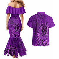 Hawaii Monk Seal and Dolphin Couples Matching Mermaid Dress and Hawaiian Shirt Polynesian Kakau Pattern Purple LT03 - Polynesian Pride