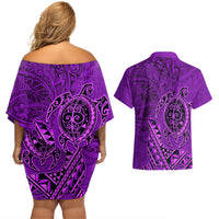 Hawaii Monk Seal and Dolphin Couples Matching Off Shoulder Short Dress and Hawaiian Shirt Polynesian Kakau Pattern Purple