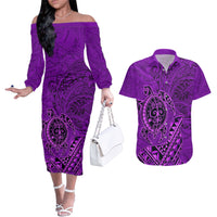 Hawaii Monk Seal and Dolphin Couples Matching Off The Shoulder Long Sleeve Dress and Hawaiian Shirt Polynesian Kakau Pattern Purple