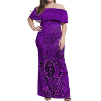 Hawaii Monk Seal and Dolphin Off Shoulder Maxi Dress Polynesian Kakau Pattern Purple