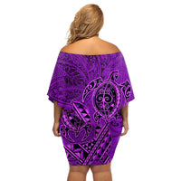 Hawaii Monk Seal and Dolphin Off Shoulder Short Dress Polynesian Kakau Pattern Purple LT03 - Polynesian Pride