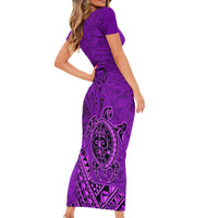 Hawaii Monk Seal and Dolphin Short Sleeve Bodycon Dress Polynesian Kakau Pattern Purple