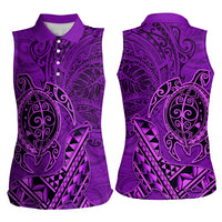 Hawaii Monk Seal and Dolphin Women Sleeveless Polo Shirt Polynesian Kakau Pattern Purple