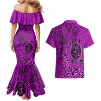 Hawaii Monk Seal and Dolphin Couples Matching Mermaid Dress and Hawaiian Shirt Polynesian Kakau Pattern Pink
