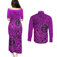 Hawaii Monk Seal and Dolphin Couples Matching Puletasi and Long Sleeve Button Shirt Polynesian Kakau Pattern Pink LT03 - Polynesian Pride