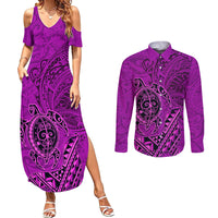 Hawaii Monk Seal and Dolphin Couples Matching Summer Maxi Dress and Long Sleeve Button Shirt Polynesian Kakau Pattern Pink LT03 Pink - Polynesian Pride