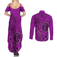 Hawaii Monk Seal and Dolphin Couples Matching Summer Maxi Dress and Long Sleeve Button Shirt Polynesian Kakau Pattern Pink LT03 - Polynesian Pride