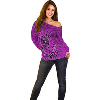 Hawaii Monk Seal and Dolphin Off Shoulder Sweater Polynesian Kakau Pattern Pink