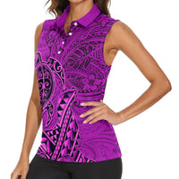 Hawaii Monk Seal and Dolphin Women Sleeveless Polo Shirt Polynesian Kakau Pattern Pink