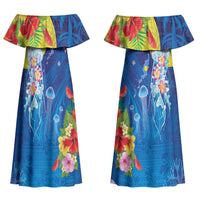 Palau Couples Matching Off Shoulder Maxi Dress and Long Sleeve Button Shirt Jellyfish with Coral Reefs Ocean Vibe and Tapa Pattern LT03 - Polynesian Pride