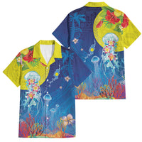 Palau Family Matching Tank Maxi Dress and Hawaiian Shirt Jellyfish with Coral Reefs Ocean Vibe and Tapa Pattern LT03 Dad's Shirt - Short Sleeve Blue - Polynesian Pride