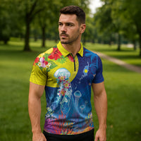 Palau Zipper Polo Shirt Jellyfish with Coral Reefs Ocean Vibe and Tapa Pattern LT03 - Polynesian Pride