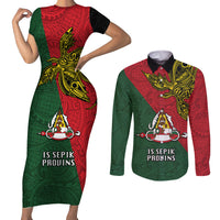 Papua New Guinea East Sepik Province Couples Matching Short Sleeve Bodycon Dress and Long Sleeve Button Shirts PNG Birds Of Paradise Polynesian Arty Style LT03 Green - Polynesian Pride
