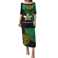 Custom Papua New Guinea Enga Province Puletasi PNG Birds Of Paradise Polynesian Arty Style LT03 Long Dress Green - Polynesian Pride