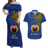 Papua New Guinea Gulf Province Couples Matching Off Shoulder Maxi Dress and Hawaiian Shirt PNG Birds Of Paradise Polynesian Arty Style LT03 Blue - Polynesian Pride