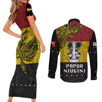 Papua New Guinea Madang Province Couples Matching Short Sleeve Bodycon Dress and Long Sleeve Button Shirts PNG Birds Of Paradise Polynesian Arty Style LT03 - Polynesian Pride