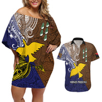 Papua New Guinea Manus Province Couples Matching Off Shoulder Short Dress and Hawaiian Shirt PNG Birds Of Paradise Polynesian Arty Style LT03 Brown - Polynesian Pride
