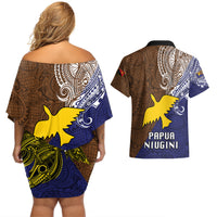 Papua New Guinea Manus Province Couples Matching Off Shoulder Short Dress and Hawaiian Shirt PNG Birds Of Paradise Polynesian Arty Style LT03 - Polynesian Pride